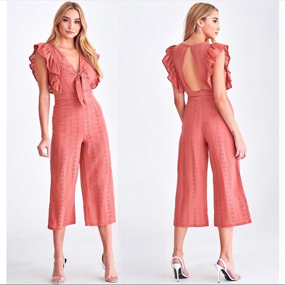 NEW! Ruffle Sleeve Open Back Cropped Jumpsuit - Picture 2 of 6